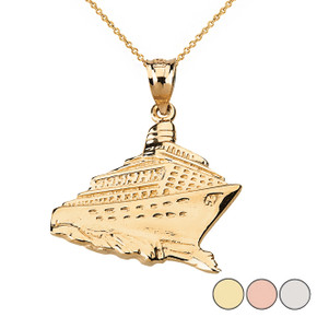 Cruise Ship Ocean Liner Pendant Necklace in Solid Gold (Yellow/Rose/White)