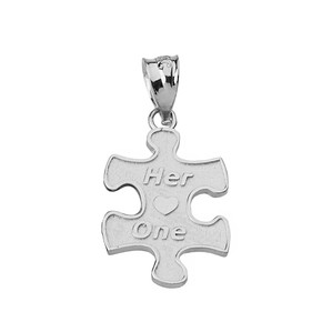 Solid White Gold Her One His Only Break Apart Puzzle  2 - Piece Pendant Necklace