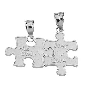 Sterling Silver Her One His Only Break Apart Puzzle  2 - Piece Pendant Necklace