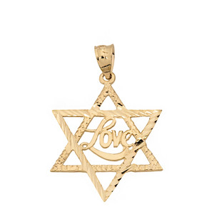 Sparkle Cut Star of David with Cursive Love Font Pendant Necklace in Solid Gold (Yellow/Rose/White)