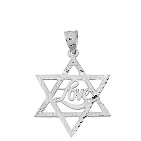 Solid White Gold Sparkle Cut Star of David with Cursive Love Font Pendant Necklace