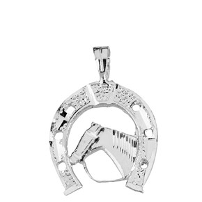 Sterling Silver Sparkle Cut Equestrian Horseshoe and Horse Pendant Necklace