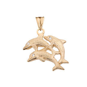 Textured Yellow Gold Three Diamond Dolphins Pendant Necklace