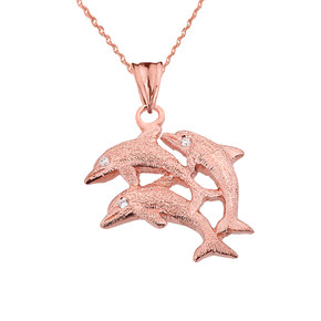 Textured Rose Gold Three Diamond Dolphins Pendant Necklace