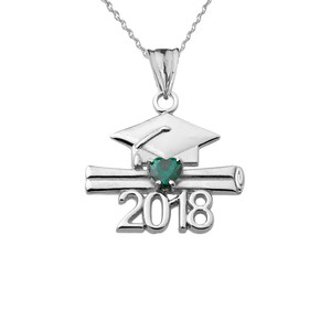 Class of 2018 Graduation Birthstone CZ Pendant Necklace in  Sterling Silver