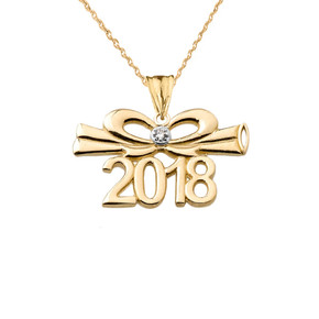 Dainty Diamond 2018 Bow And Diploma Graduation Pendant Necklace In Yellow Gold
