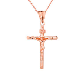 Dainty Crucifix Cross (INRI) Pendant Necklace in Rose Gold