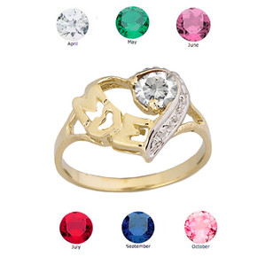 Gold Personalized "Mom" Solitaire  Open Heart Ring With CZ Birthstone (Available in Yellow/Rose/White Gold)