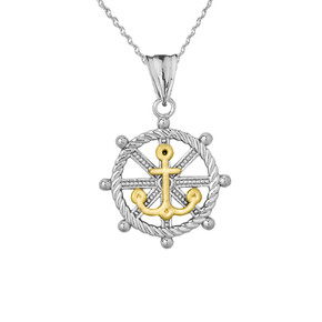 Anchor with Roped Helm in Two Toned White & Yellow Gold
