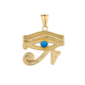 Yellow Gold Egyptian Eye of Horus Wadjat Turquoise Center Stone Pendant