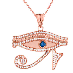 Rose Gold Studded Egyptian Eye of Horus Wedjet Blue Cubic Zirconia Pendant Necklace