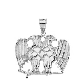 Solid White Gold Masonic Double Headed Eagle Pendant Necklace