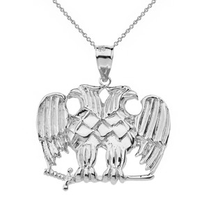 Solid White Gold Masonic Double Headed Eagle Pendant Necklace