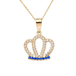 Solid Yellow Gold Radiant Diamond & Sapphire Royal Crown Pendant Necklace