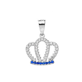 Solid White Gold Radiant Blue Cubic Zirconia Royal Crown Pendant Necklace