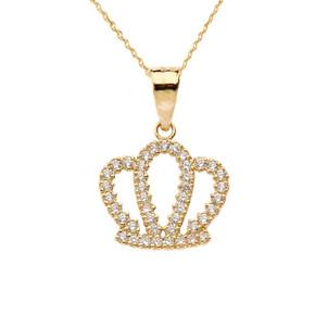 Solid Yellow Gold Radiant Cubic Zirconia Royal Crown Pendant Necklace