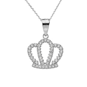 Solid White Gold Radiant Cubic Zirconia Royal Crown Pendant Necklace