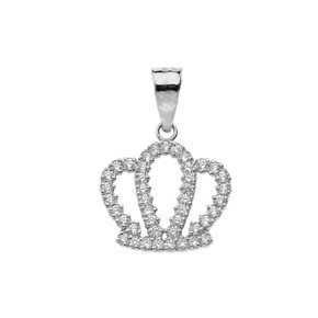 Solid White Gold Radiant Cubic Zirconia Royal Crown Pendant Necklace