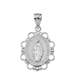Solid White Gold  Miraculous Medal of Our Lady of Graces Pendant Necklace (Large)