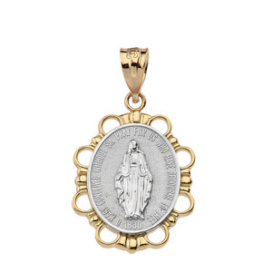 Solid Two Tone Yellow Gold  Miraculous Medal of Our Lady of Graces Pendant Necklace (Large)
