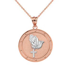 Solid Two Tone Rose Gold Our Father Prayer Rosary Medallion Pendant Necklace