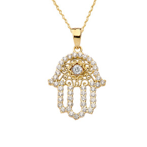 Yellow Gold Studded Hamsa Hand White Topaz Evil Eye Filigree Pendant Necklace