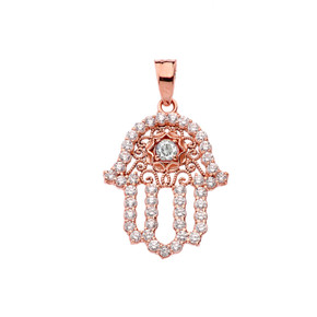 Rose Gold Studded Hamsa Hand White Topaz Evil Eye Filigree Pendant Necklace