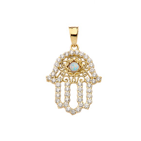 Yellow Gold Studded Hamsa Hand Diamond & Opal Evil Eye Filigree Pendant