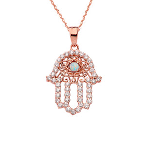 Rose Gold Studded Hamsa Hand Diamond & Opal Evil Eye Filigree Pendant Necklace