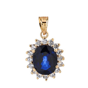 Princess Diana Inspired Halo LC Sapphire & Cubic Zirconia Pendant Necklace in Yellow Gold