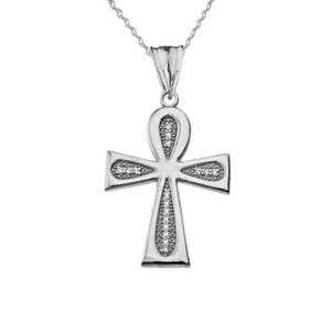 White Gold Diamond Egyptian Ankh Cross Textured Pendant Necklace