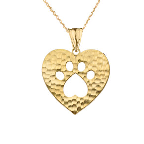 Cut-Out Paw Print in Heart Pendant Necklace in Yellow Gold