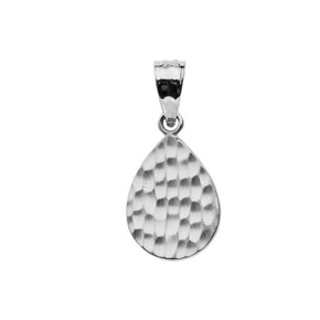 White Gold Hammered TearDrop Pendant Necklace