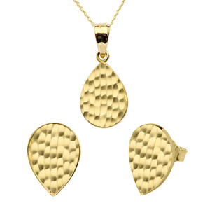 Gold Hammered TearDrop Pendant Necklace Set(Available in Yellow/Rose/White Gold)