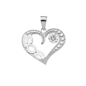 April Clear CZ 'MOM' Heart Pendant Necklace in White Gold