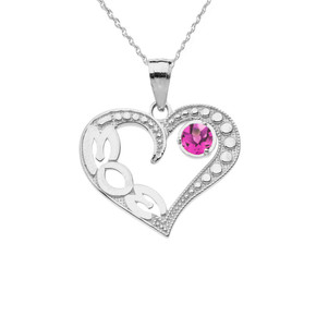 June Alexandrite (LC) 'MOM' Heart Pendant Necklace in White Gold