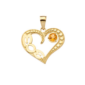 November Citrine (LC) 'MOM' Heart Pendant Necklace in Yellow Gold