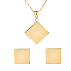 Solid Gold Simple Diamond Shaped Pendant Necklace And Earring Set(Available in Yellow/Rose/White Gold)