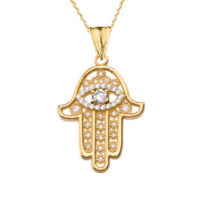 Chic Hamsa Evil Eye Pendant Necklace in Yellow Gold