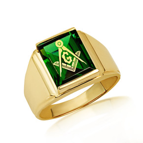 Yellow Gold Men's Symbolic Freemason Masonic Green CZ Stone Ring