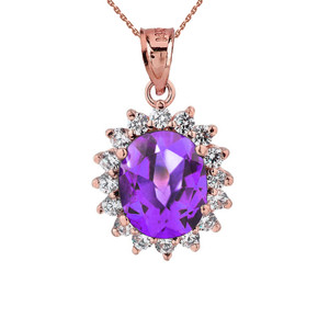 Princess Diana Inspired Halo Personalized Birthstone & Diamonds Pendant Necklace in Rose Gold