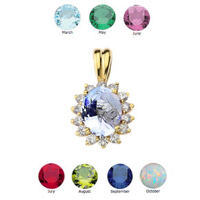 Princess Diana Inspired Halo Personalized (LC) Birthstone & Diamond Pendant Necklace in Yellow Gold