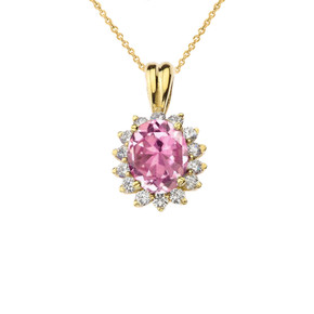 Princess Diana Inspired Halo Personalized CZ  Birthstone Pendant Necklace in Yellow Gold