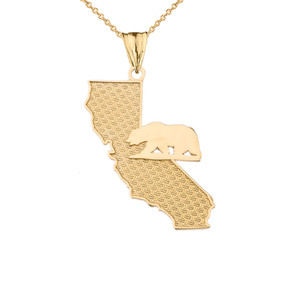 Solid Gold California State Map With Grizzly Bear Silhouette(Available in Yellow/Rose/White Gold)