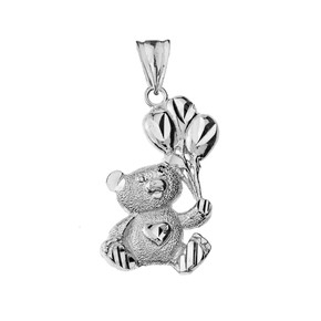 Teddy Bear with Ballon Pendant Necklace in White Gold