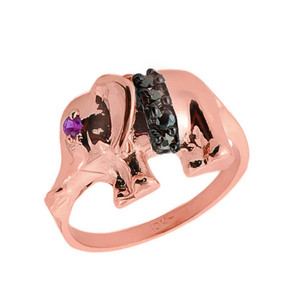 10K Rose Gold Elephant Good Luck Charm Red CZ & Black Onyx Ring