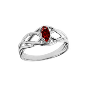 White Gold Irish Celtic Knot Marquise Cut Custom Garnet Birthstone Ring