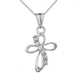 Dainty Modern Cross Cubic Zirconia Pendant Necklace in White Gold