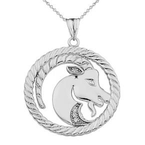 Cubic Zirconia Capricorn  Zodiac In Rope Pendant Necklace In Sterling Silver