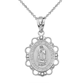 Solid White Gold Our Lady of Guadalupe Pendant Necklace